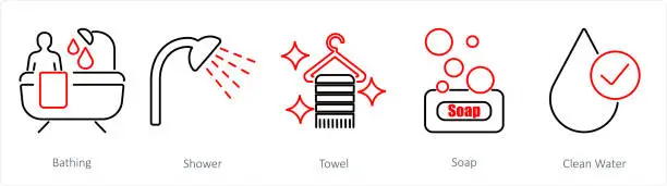 Vector illustration of A set of 5 Hygiene icons as bathing, shower, towel
