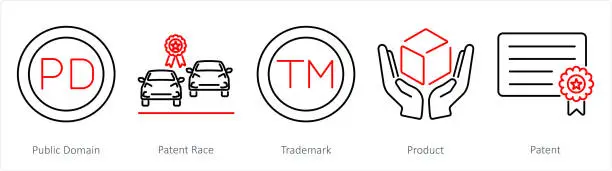 Vector illustration of A set of 5 Intellectual Property icons as public domain, patent race, trademark