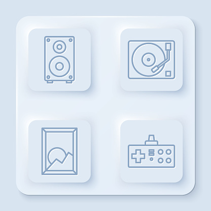 Set line Stereo speaker, Vinyl player with a vinyl disk, Picture landscape and Gamepad. White square button. Vector