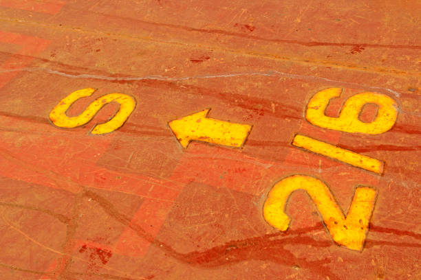 Numbers and lines in yellow brown sheet metal, closeup of photo
