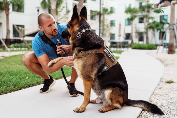 istock Handsome man walking German Shepard service dog outside 1918837997