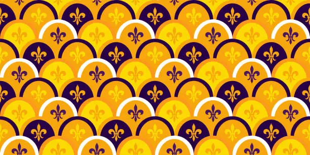 Vector illustration of Mardi Gras Seamless Pattern with Fleur de Lis Flower. Yellow, Orange and Purple Vector Background with Carnival Festive Symbol.