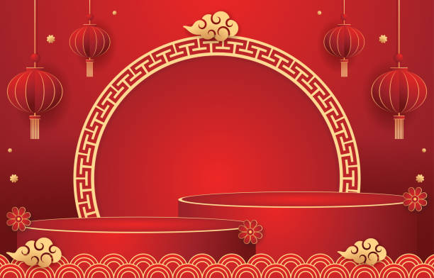 istock Red realistic 3D cylinder pedestal podium with glowing light semi circle backdrop. Red minimal wall scene for products showcase, Promotion display. Vector abstract studio room with geometric platform. 1918841773