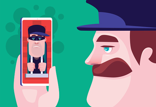 vector illustration of security guard meeting jailed scammer on smartphone