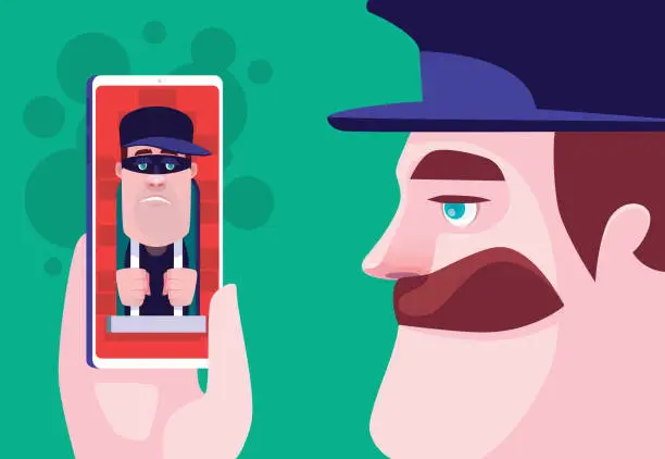 Vector illustration of security guard meeting jailed scammer on smartphone