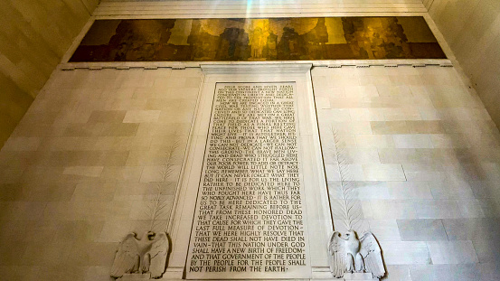 President Abraham Lincoln's first inaugural address on the wall inside the Lincoln Memorial in Washington DC, USA.