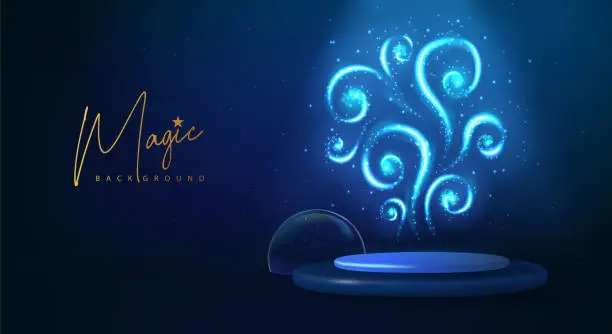Vector illustration of Magic blue glowing shiny trail or magic spirals on 3d stage showcase background. Vector illustration