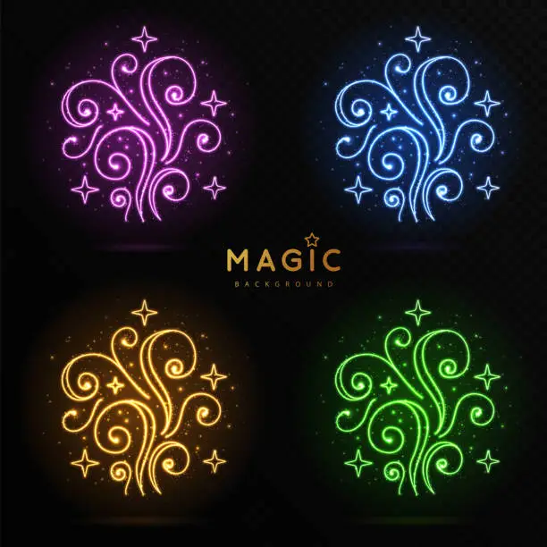 Vector illustration of Set of colorful magic neon glowing spirals isolated on black transparent background. Vector illustration