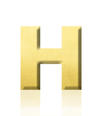 Close-up of three-dimensional gold alphabet letter H on white background.