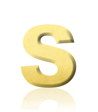 Close-up of three-dimensional gold alphabet letter S on white background.