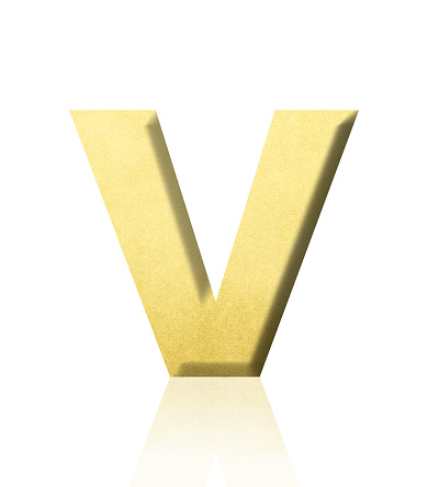 Close-up of three-dimensional gold alphabet letter V on white background.