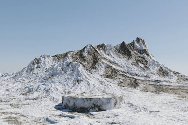 istock 3d render platform and Natural winter background, Stone podium on the ice snow mountain in daytime for product stand display, advertising, mockup or etc 1918885141