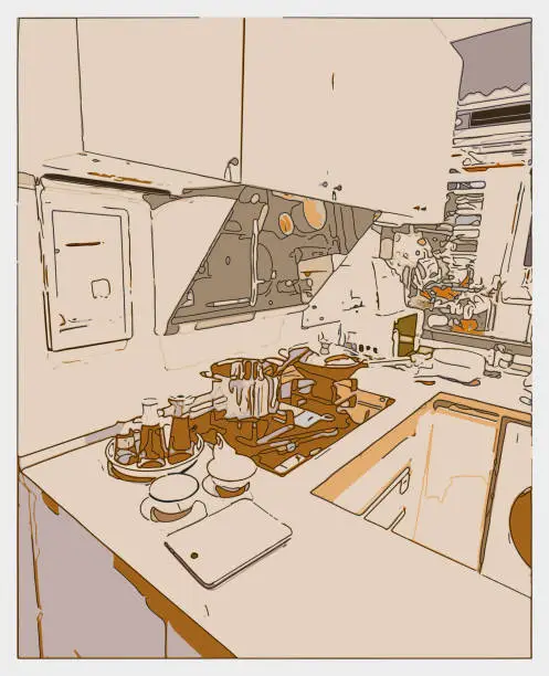 Vector illustration of outline printmaking style kitchen in home scene background