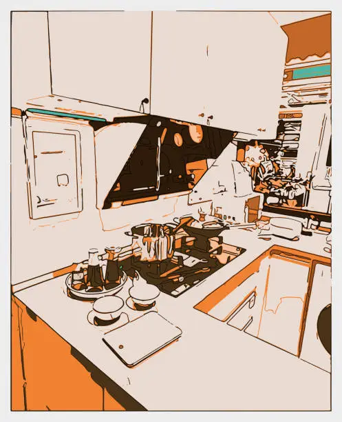 Vector illustration of outline printmaking style kitchen in home scene background