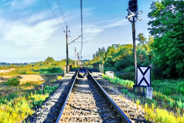 istock Railway tracks and rails in the countryside at sunset 1918908106