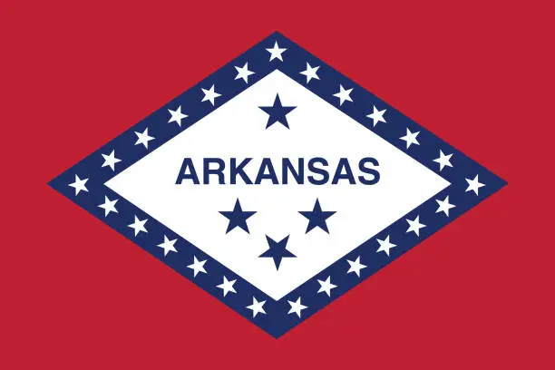Vector illustration of Arkansas flag. The official ratio. Flag icon. Standard color. Standard size. A rectangular flag. Computer illustration. Digital illustration. Vector illustration.