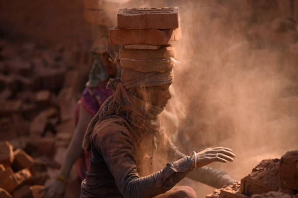 At a brick kiln in Bhaktapur, Nepal, a migrant laborer from Bihar, India, balances bricks on their head. During the winter season, seasonal laborers from various parts of Nepal and India arrive to work at the kilns.