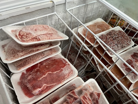 Meat freezer box with many kinds of beef meat in plastic wrap package