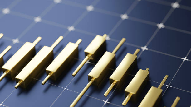 Stock exchange concept. Golden stock candle bars on dark navy background with a grid pattern