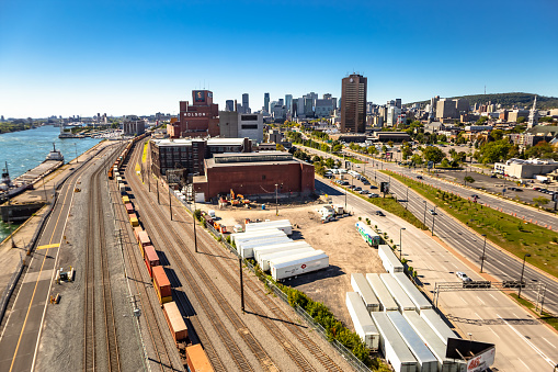 Aerial view of  St. Lawrence River  commercial dock sunny blue sky Montreal  Quebec Canada