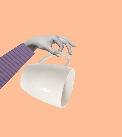 Contemporary art collage of hand holding a cup. Minimalism. Modern design. Copy space.
