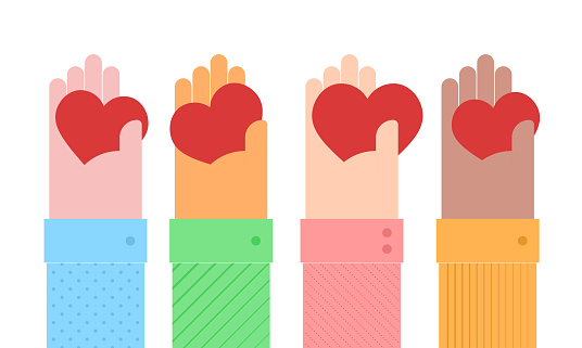 Hearts in the hands of people of different races and nationalities. It has a concept of benevolence, donation, and charity. This minimalist style vector illustration is suitable for use on websites, web banners, posters, mailing templates, and social media.