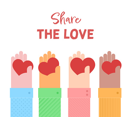 Hearts in the hands of people of different races and nationalities. It has a concept of benevolence, donation, charity and it says Share the Love. This minimalist style vector illustration is suitable for use on websites, web banners, posters, mailing templates, and social media.