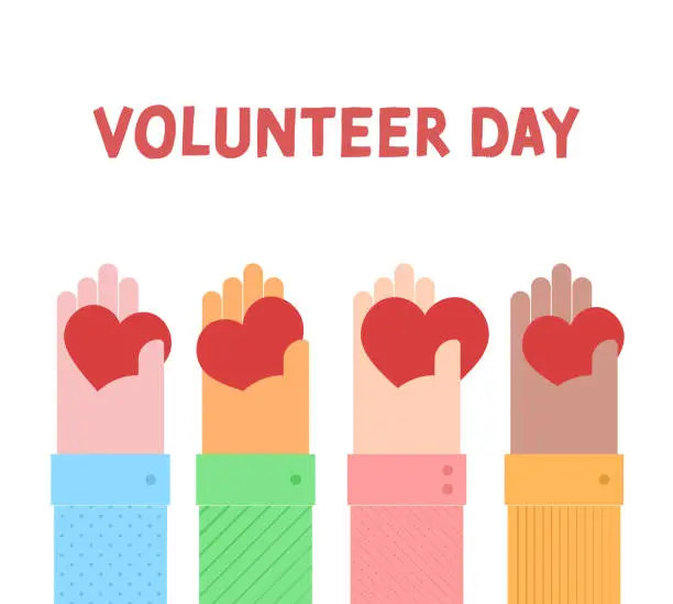 Vector illustration of Hearts in the hands of people of different races and nationalities. It has a concept of benevolence, donation, charity and it says Volunteer Day.