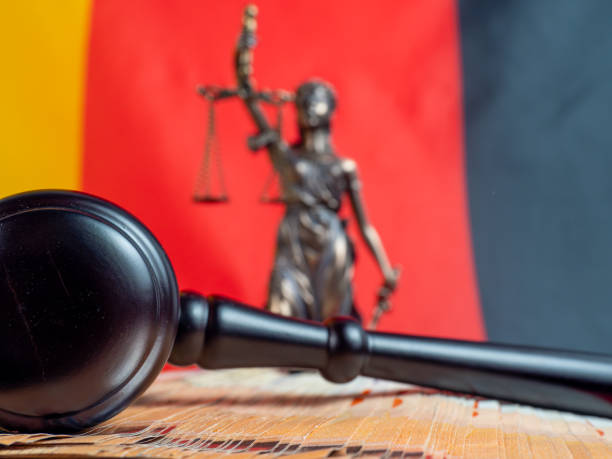 The judge's gavel lies on 50 euro bills against the background of the German flag. The judge's gavel lies on 50 euro bills against the background of the German flag. Law and justice concept. civil rights act stock pictures, royalty-free photos & images