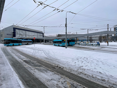 Ostrava, Czech Republic - January 07, 2024: Tram, trolleybus and bus stops near the main railway station in Ostrava.