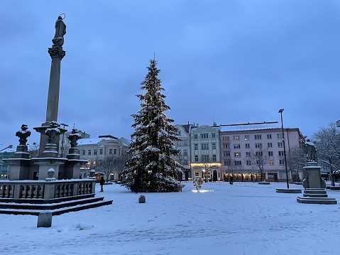 Ostrava, Czech Republic - January 07, 2024: Christmas tree near the town hall in the town square (Masaryk Square).