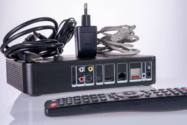 istock Digital TV equipment set on white background close-up. 1918951244