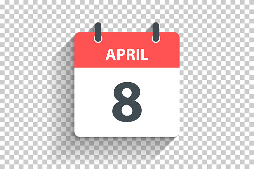 April 8. Calendar Icon with long shadow in a Flat Design style. Daily calendar isolated on blank background for your own design. Vector Illustration (EPS file, well layered and grouped). Easy to edit, manipulate, resize or colorize. Vector and Jpeg file of different sizes.