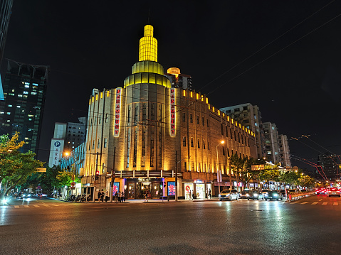 Road junction at the Paramount, a Art Deco style historical nightclub and dance hall  in Jing'an, Shanghai, China.