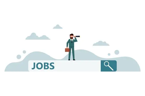 Vector illustration of Businessman standing on job search bar using binoculars to search for opportunities. Looking for a new job. Employment. Career or job search. Find opportunities and vacancies or job positions.