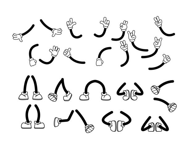 Lively Retro Cartoon Limbs in Retro Style. Vector Hands With Four Plump Fingers Each, Wearing White Gloves, And Legs Resembling Simple Curves, Body Parts Set Radiating A Playful, Timeless Charm