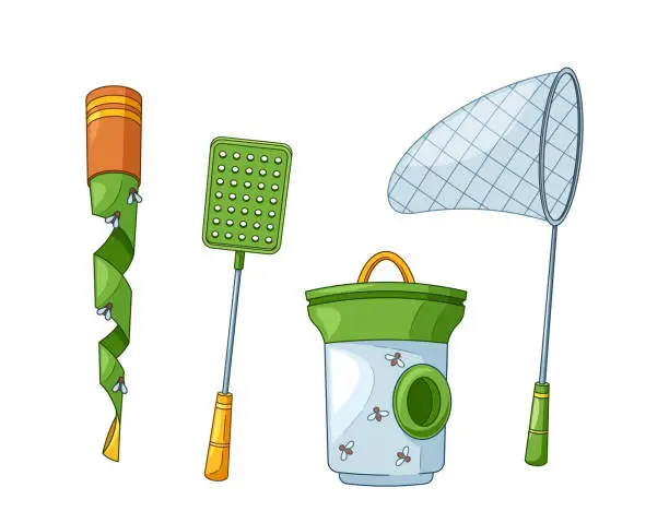 Vector illustration of Traps For Pests Isolated Vector Set. Fly Swatter, Sticky Trap With Enticing Scents And Colors Ensnaring Bugs