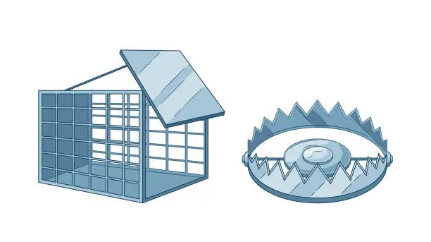 Vector illustration of Bear Traps Are Designed To Capture Bears Using A Spring-loaded Mechanism, While Metal Cage Traps Employ