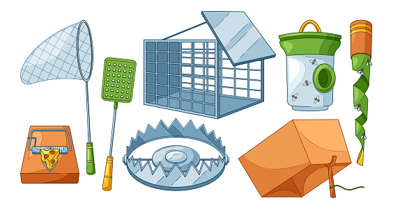 Animal Traps Include Snares, Leg-hold Traps, And Cage Traps. Mousetrap, Metal Bear Trap, Butterfly Net For Hunting, Pest Control, Capturing Animals and Insects For Various Purposes. Cartoon Vector Set