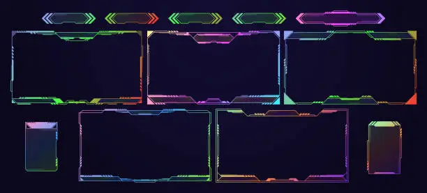 Vector illustration of Game Live Stream Panels, Empty Overlay Frames And Buttons With Colorful Rainbow Neon Glow. Vector Cartoon Set