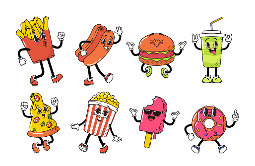 Cartoon Retro Fast Food Characters Set. French Fries, Hotdog, Cola Drink and Ice Cream. Pizza Slice, Pop Corn and Burger with Donut, Combines Nostalgic Vibes With Classic Flavors. Vector Illustration