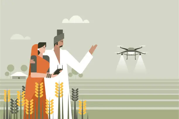 Vector illustration of An Indian farmer along with his wife using a drone in the agricultural field