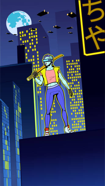 istock Vector Female Cyberpunk Mercenary in a City Vector Illustration 1918992616