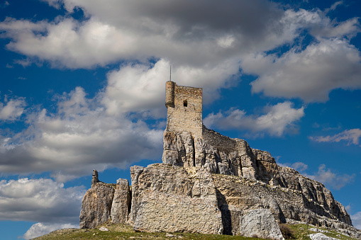 View of the castle fortress of Atienza in Guadalajara in Spain with clear blue sky.