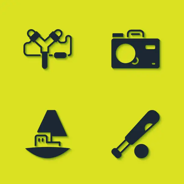 Vector illustration of Set Slingshot, Baseball bat with ball, Toy boat and Photo camera icon. Vector