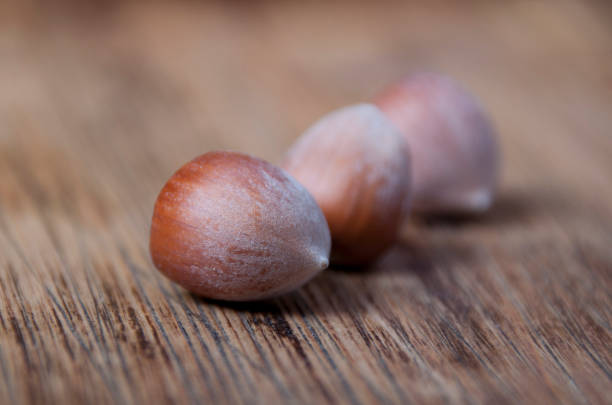 Hazelnuts close-up on a wooden background stock photo