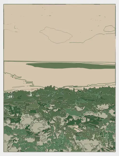 Vector illustration of outline printmaking style seashore grove landscape background