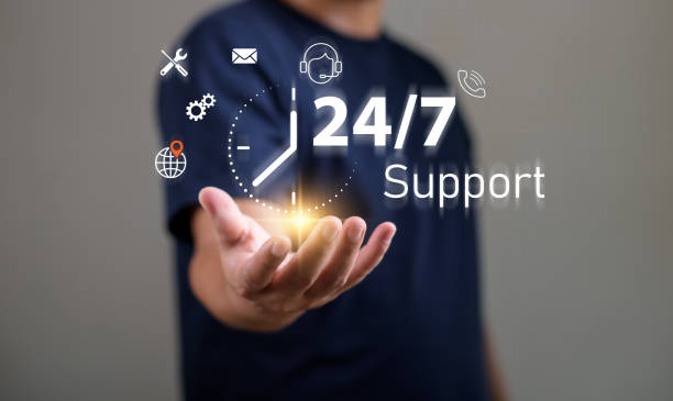 istock customer services and consulting concept, Businessman holding icon virtual 24/7 support services, Full-time available service. 1919012453
