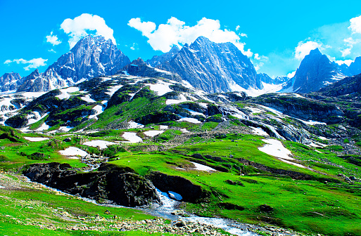 Landscape in the mountains. Panoramic view from the top of Sonmarg, Kashmir valley in the Himalayan region. meadows, alpine trees, wildflowers and snow on mountain in india. Concept travel nature.