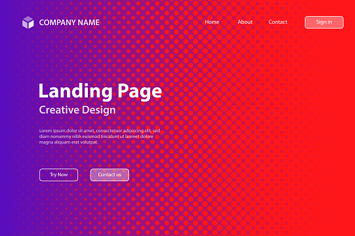 Landing page template for your website. Modern and trendy background. Halftone design with a lot of dots and beautiful color gradient. This illustration can be used for your design, with space for your text (colors used: Red, Pink, Purple). Vector Illustration (EPS file, well layered and grouped), wide format (3:2). Easy to edit, manipulate, resize or colorize. Vector and Jpeg file of different sizes.